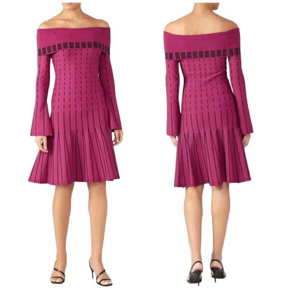 Prabal Gurung Collective Dress Womens 6 Purple Knit Stripe Off The Shoulder Mini - Picture 1 of 10